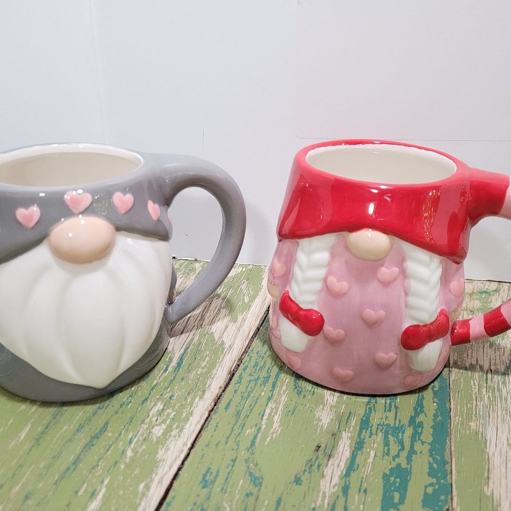 Set of 2 Valentine's Day 14.5 oz. Ceramic Gnome Mugs Coffee Cups Hearts